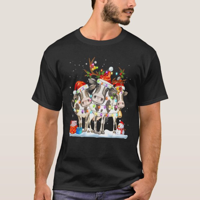 T-shirt Cow Reindeer Hat Santa Christmas Lights  Cow Chris (Devant)