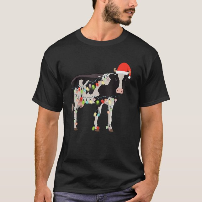 T-shirt Cow Reindeer Hat Santa Christmas Lights Cow Christ (Devant)
