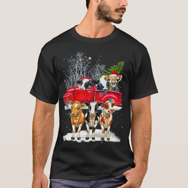 T-shirt Cow Riding Red Truck Merry Christmas Farm Loves Co (Devant)