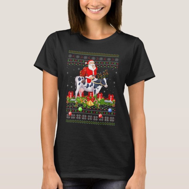 T-shirt Cow   Ugly Santa Riding Cow Christmas (Devant)