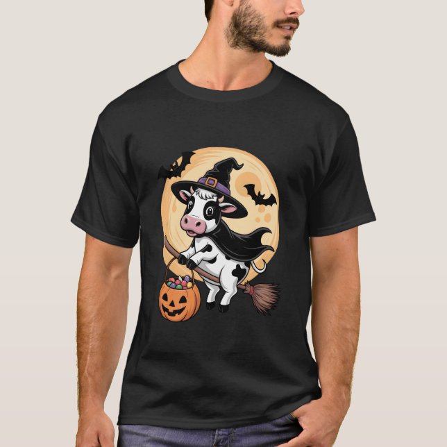 T-shirt Cow Witch Hat Pumpkin Halloween Costume Men Women  (Devant)