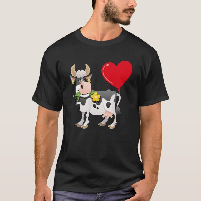 T-shirt Cow With Heart Balloon Valentines Day Love Boys (Devant)