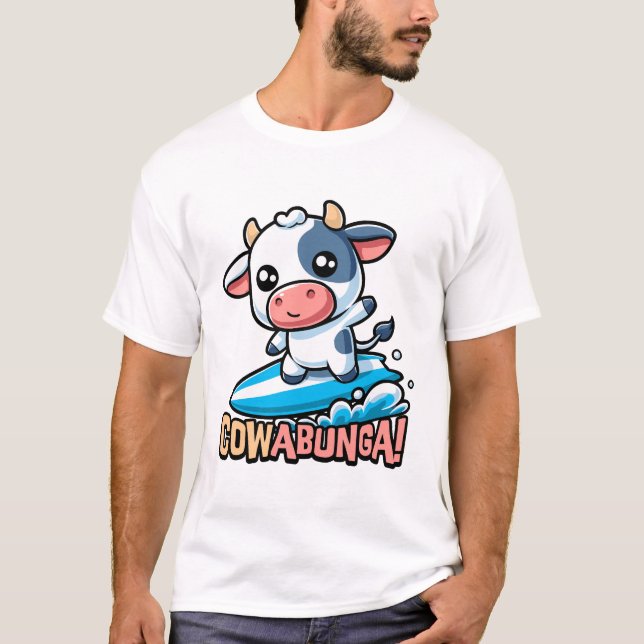 T-shirt Cowabunga ! Cute Surfing Cow Pun (Devant)
