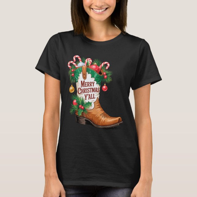 T-shirt Cowboy Boots Country Western Merry Christmas Y'all (Devant)