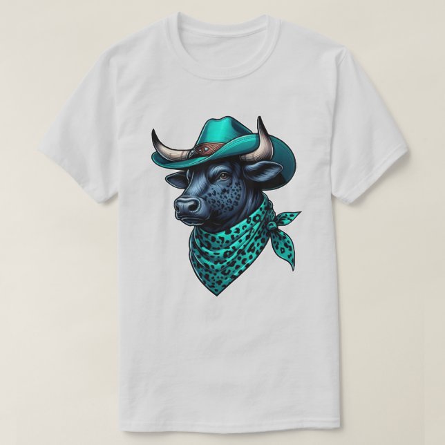 T-shirt Cowboy Bull avec Casquette Turquoise et Écharpe à  (Design devant)