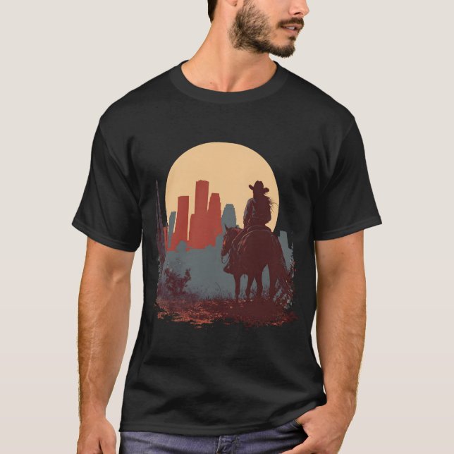 T-shirt Cowboy Girl City Skyline Desert Moon Poster. (Devant)