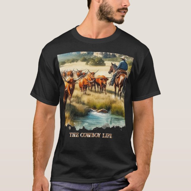 T-shirt Cowboy Live Long Horn Cattle Roundup (Devant)