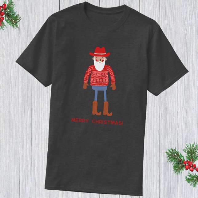 T-shirt Cowboy Santa Custom Text Christmas (Funny Cowboy Santa Claus Christmas holidays T-shirt with custom text)