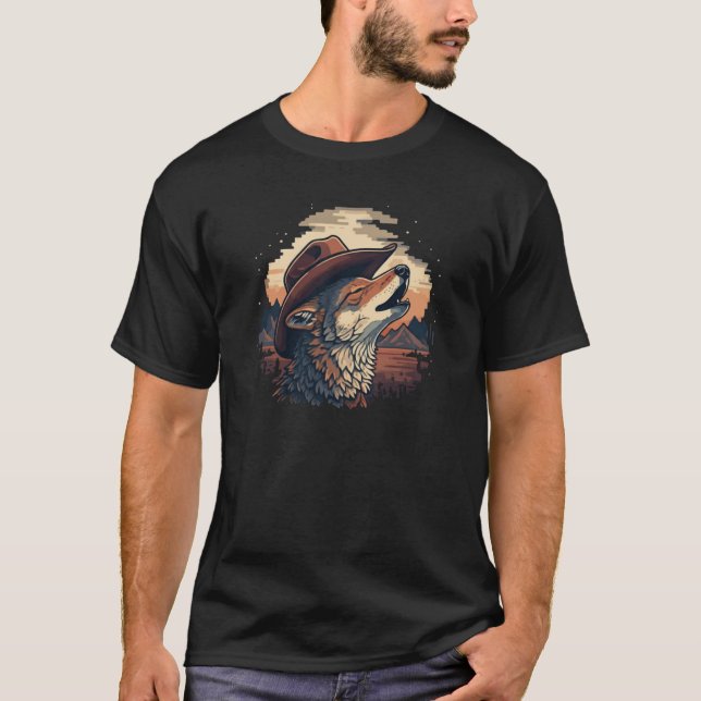 T-shirt Cowboy Wolf Howling Art (Devant)