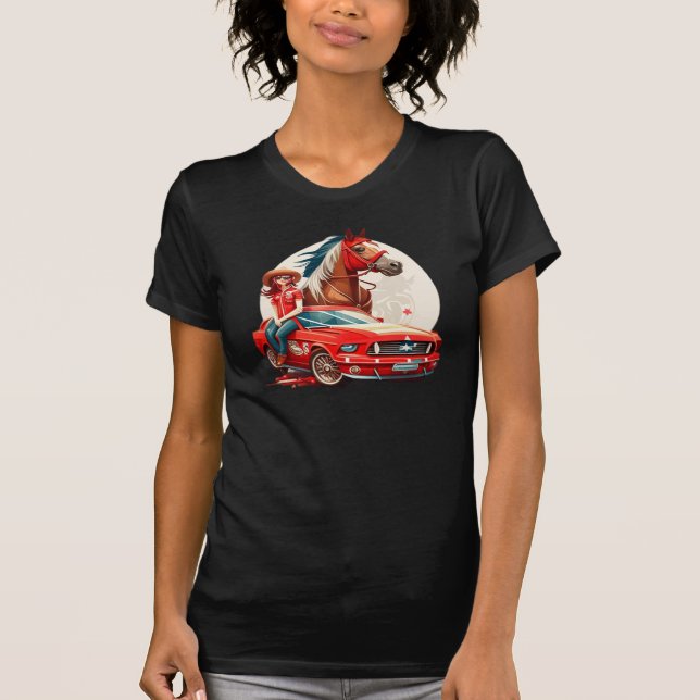 T-shirt Cowgirl Avec Mustang Voiture Cheval (Devant)
