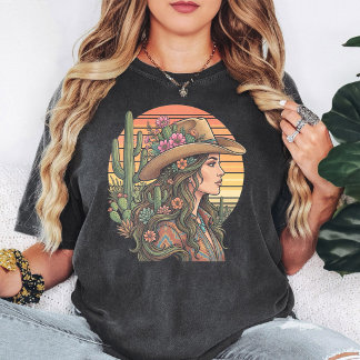 T-shirt Cowgirl Boho Coucher de soleil du désert Fleurs de