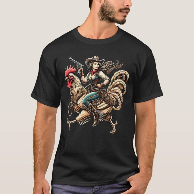 T-shirt Cowgirl Riding Chicken Rooster Lover Vintage (Devant)