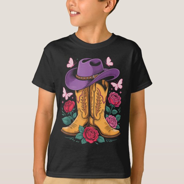 T-shirt Cowgirl Western Cowboy Hat Boots With Roses Countr (Devant)