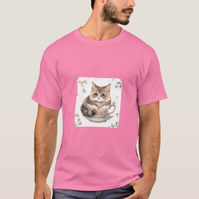 T-shirt Cozy Cat in Teacup Illustration (Devant)