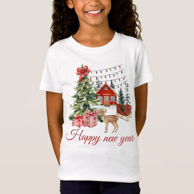 T-Shirt 🎄 Cozy Christmas Cabin & Deer | Happy New Year Wa (Devant)
