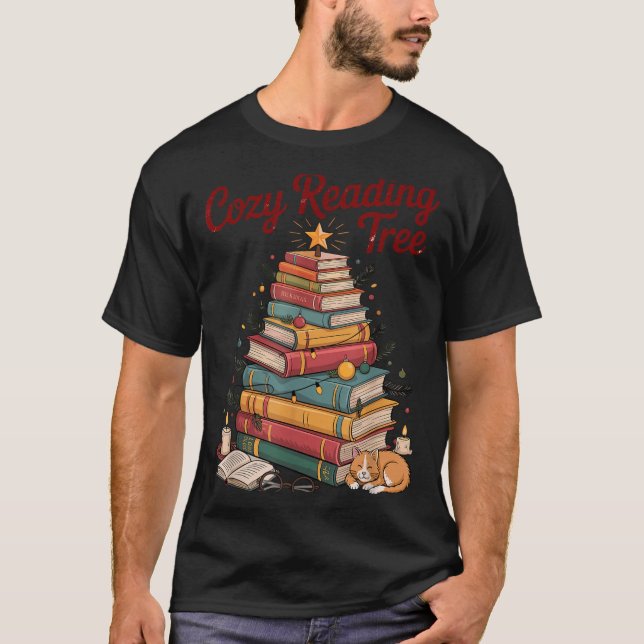 T-shirt Cozy Christmas Reading Tree Cat Candle Stack Booki (Devant)