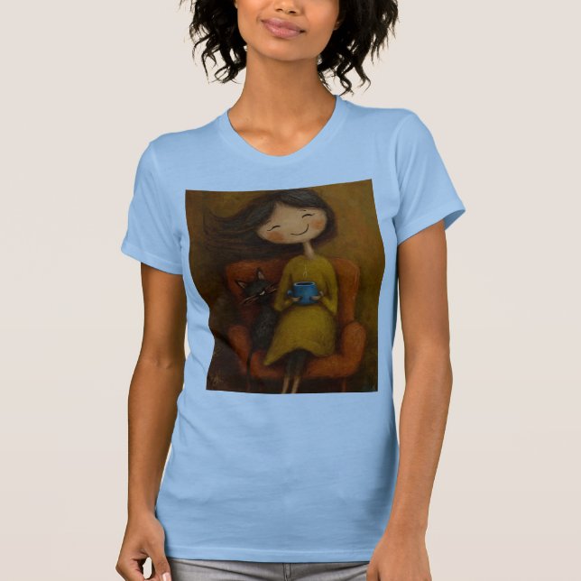 T-shirt Cozy Girl Black Cat Whimsical Aesthetic Art (Devant)