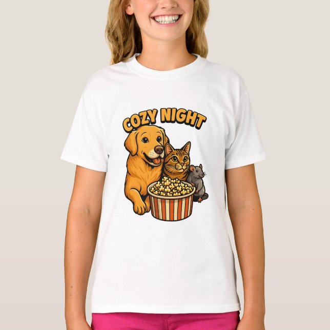 T-shirt Cozy Night Movie Time – Cute Dog,Cat,Mouse Popcorn (Devant)