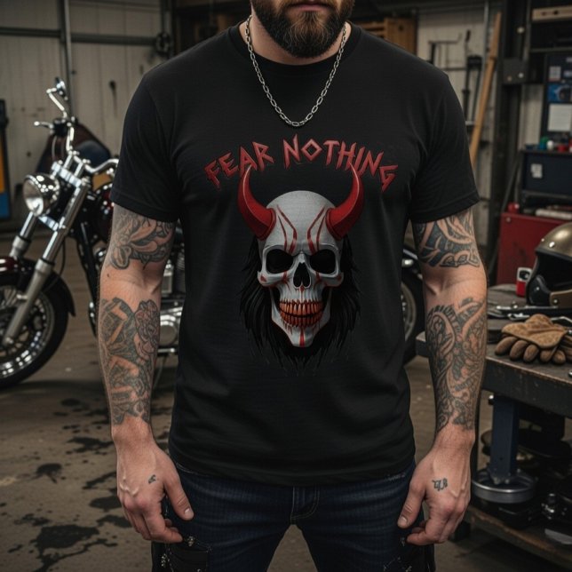T-shirt Crâne à cornes rouges graphique « Ne crains rien » (Créateur téléchargé)