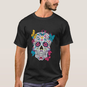 T-shirt Crâne à sucre Art coloré Boucles à papillons flora
