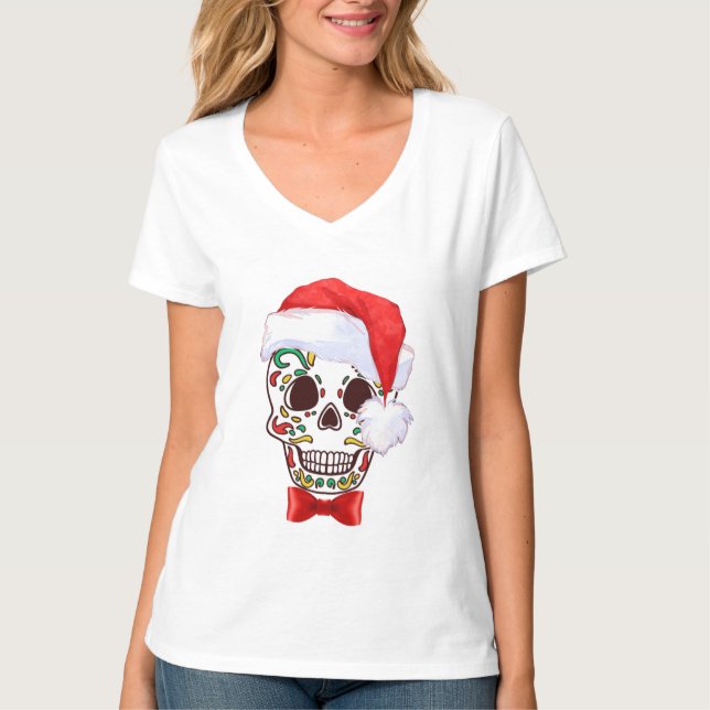 T-shirt Crâne à sucre de Noël avec chapeau de Santa - chem (Devant)