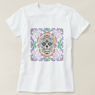 T-shirt Crâne à sucre mexicain avec fleurs bleues