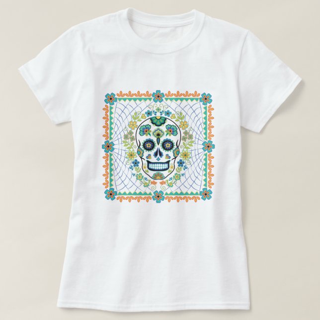 T-shirt Crâne à sucre mexicain avec fleurs d'Aqua (Design devant)