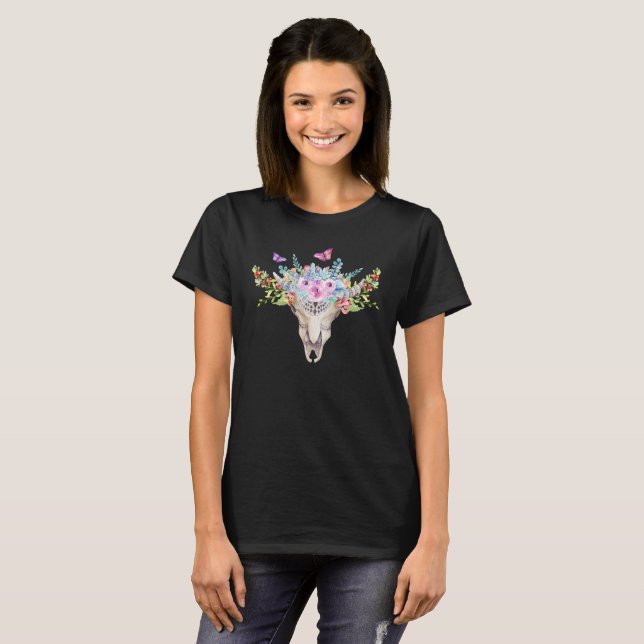 T-shirt Crâne animal Boho avec papillons et fleurs (Devant entier)