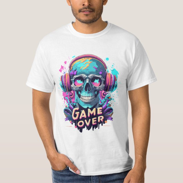 T-shirt Crâne avec casque Gamer Design de style de dessin (Devant)