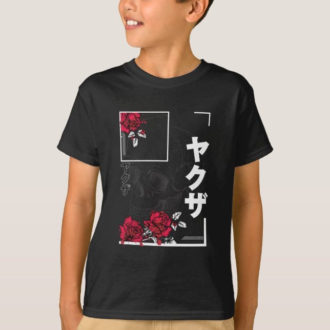 T-shirt Crâne avec fleurs - Conception de style japonais u (Devant)