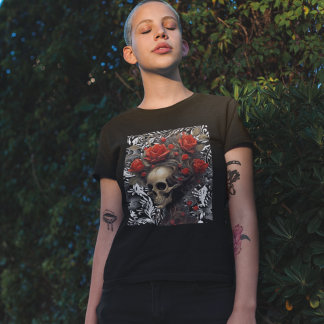 T-shirt Crâne avec Roses de cheveux sauvages en Feuille Vi
