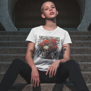 T-shirt Crâne avec Roses de cheveux sauvages en Feuille Vi