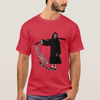 T-shirt crâne avec skateboard tenant scythe halloween