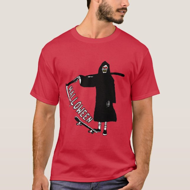 T-shirt crâne avec skateboard tenant scythe halloween (Devant)