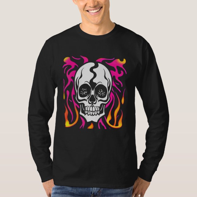 T-shirt Crâne blanc avec graphisme de flammes roses et ora (Devant)