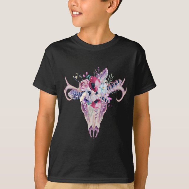 T-shirt Crâne boho aux fleurs colorées (Devant)
