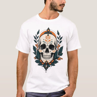 T-shirt Crâne botanique gothique avec feuilles de teal fon