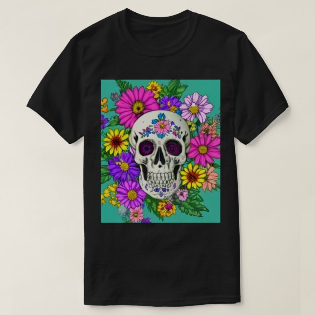 T-shirt crâne coloré avec fleurs (Design devant)