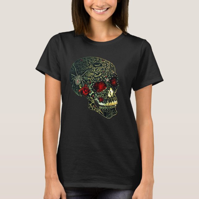 T-shirt Crâne de araignée & Roses de filigrane gothique gl (Devant)
