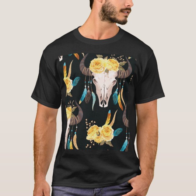 T-shirt Crâne de buffle décoré de fleurs sans joint (Devant)