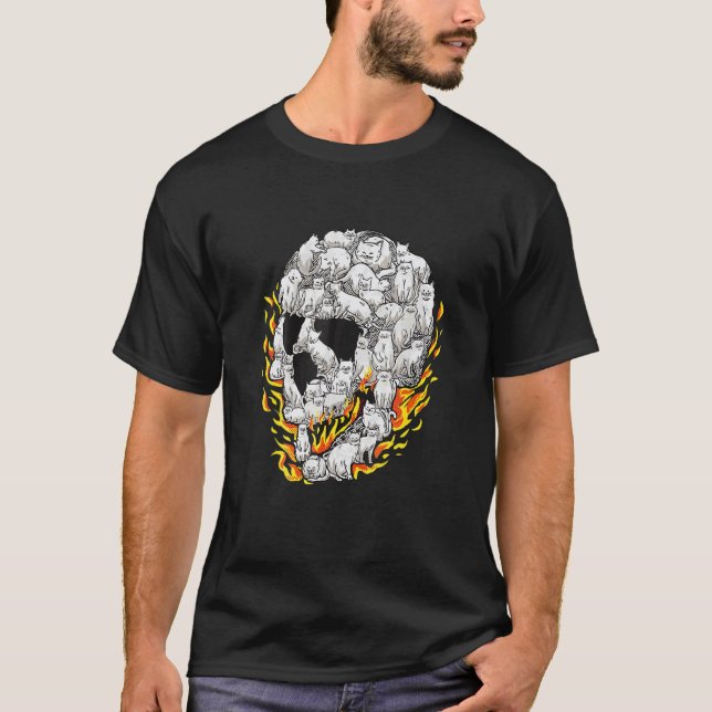T-shirt Crâne de chat brûlant Tête d'os squelette Crâne (Devant)