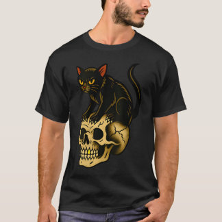 T-shirt Crâne de Chat Noir Vintage Traditionnel