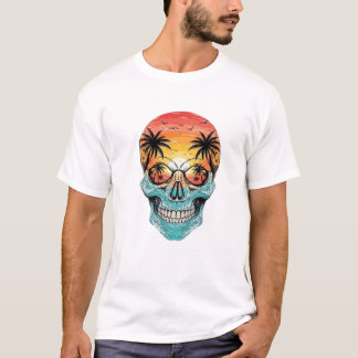 T-shirt Crâne de coucher de soleil tropical | Palmier de p