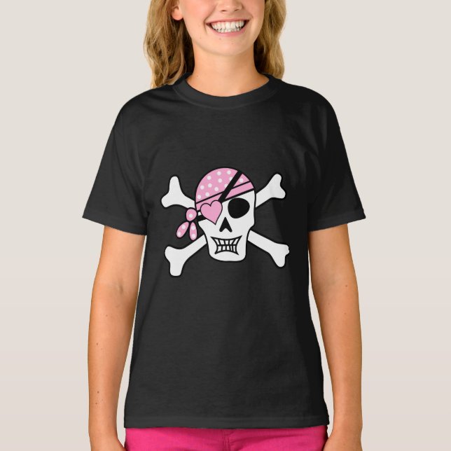 T-shirt Crâne de fille pirate et os noir (Devant)