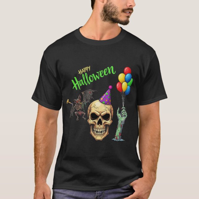 T-shirt Crâne de la fête d'Halloween, chauve-souris et zom (Devant)