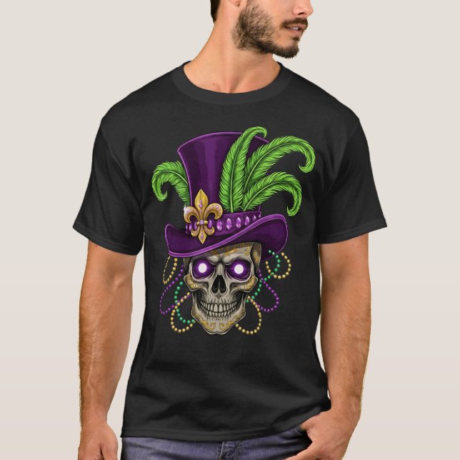 T-shirt Crâne de Mardi Gras avec Haut-de-Forme Violet (Devant)