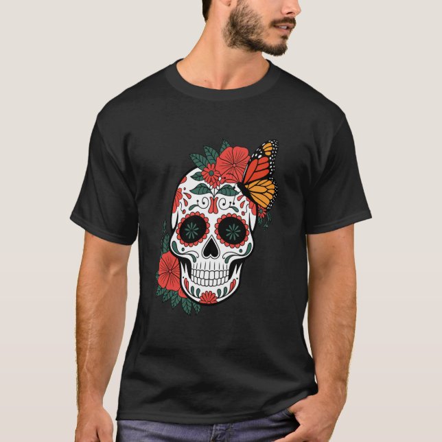 T-shirt Crâne de papillon monarque Cinco De Mayo Halloween (Devant)