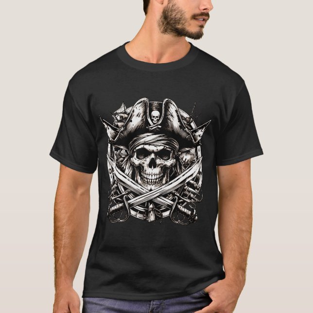 T-shirt crâne de pirate classique avec épées croisées (Devant)
