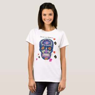 T-shirt Crâne de sucre de style de tatouage bleu rose et o