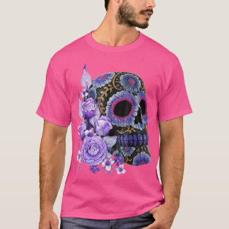 T-shirt Crâne de sucre noir violet Floral Jour de la mort